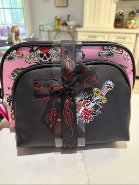 Ed Hardy Black & Pink Tattoo-Print Cosmetic Pouch Duo